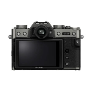 FujiX-T30IIIHarmaa4 Fujifilm X-T30 III Body Harmaa (Charcoal Silver) näkyy takaa, ja siinä on suuri LCD-näyttö, useita ohjauspainikkeita, valintakiekot, etsin ja musta muotoilu hopeisilla korostuksilla.