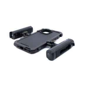 Black phone case with two detachable, ergonomic side handles designed for gaming on a white background. The handles have buttons and are positioned next to the phone case.