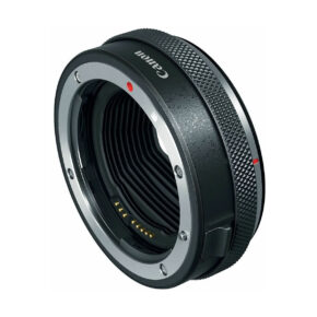 canon_ef-rf-control-ring-mount-adapter-01 The Canon EF - EOS R Control Ring adapter has a metallic black finish, visible electronic contacts on the inside and a knobbed handle around the edge, which is visible on a plain white background.