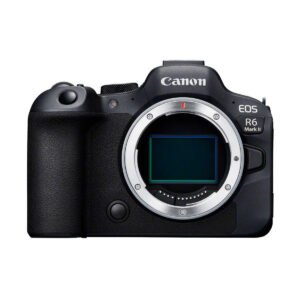 canon_r6_mark_ii (1) Canon EOS R6 Mark II -järjestelmäkamera, kuvattuna edestä ilman objektiivia: kameran sensorit ja objektiivikiinnitys näkyvät. Nyt 250€ alennus.