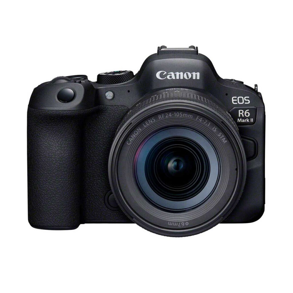 canon_r6_mark_ii_24-105mm_f4-71_01 Canon EOS R6 Mark II + RF 24-105mm f/4-7.1 IS STM -kameran etukuva, jossa näkyy kameran runko, objektiivi ja Canon-brändi - nyt 250 €:n alennuksella.