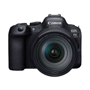 canon_r6_mark_ii_24-105mm_f4_01 The Canon EOS R6 Mark II + RF 24-105mm f/4 L IS USM lens is pictured front-facing on a white background, with the brand and model name clearly visible above the lens. 250€ discount.