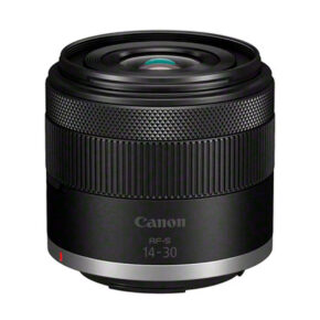 canon_rf-s_14-30mm_is_01 The black Canon RF-S 14-30mm f/4-6.3 IS STM PZ lens appears against a white background, with a textured focus ring and "Canon RF-S 14-30" printed on the front.
