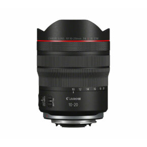 canon_rf_10-20mm_f4_is_L_01 The Canon RF 10-20mm f/4 L IS STM lens with black body, red ring, control switches and detailed zoom markings is shown upright. You can now get a 200€ discount!.