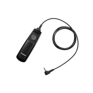 canon_rs-80e3_wiredriver The Canon RS-80E3 is a black camera remote control with a built-in button, a long black cable and a 2.5mm rectangular 2.5mm plug, shown with a white background.