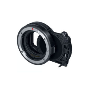 ef-rf adapter with vnd filter The Canon EF - EOS R Lens Adapter with ND Filter is a circular lens mount adapter with electronic contacts and hinged drop-down filter holder, pictured with the side open against a white background.