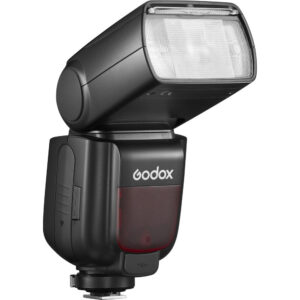 1636699946_604 The Godox Speedlite TT685 II flash for Sony cameras features a rectangular flash head, a red cell panel and a mounting bracket against a white background.