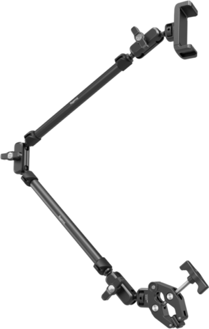 SmallRig 5625 Desktop Magic Arm with Crab-Clamp Kit -teline on musta säädettävä metallinen kiinnike, jossa on useita niveliä ja kiinnikkeitä kameroiden tai lisävarusteiden pitämiseen, kuvassa valkoista taustaa vasten.