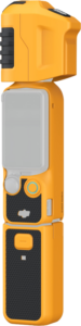 800q-01_134931 SmallRig 5115 Silicone Case Kit for DJI Osmo Pocket 3 - Advanced Bumblebee Edition on keltainen ja musta käsikotelo, jossa on näyttö, painikkeet ja kuvioidut kahvat, jotka on esitetty pystysuoraan tavallista taustaa vasten.