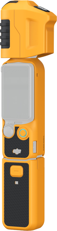 800q-01_134931 SmallRig 5115 Silicone Case Kit for DJI Osmo Pocket 3 - Advanced Bumblebee Edition on keltainen ja musta käsikotelo, jossa on näyttö, painikkeet ja kuvioidut kahvat, jotka on esitetty pystysuoraan tavallista taustaa vasten.