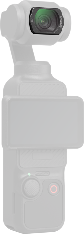 800q-01_135060 SmallRig 5830 UV-suodin DJI Osmo Pocket 3 on pienikokoinen käsivideokamera, jossa on gimbaaliin kiinnitetty objektiivi, pieni näyttö ja ohjauspainikkeet näytön alapuolella.