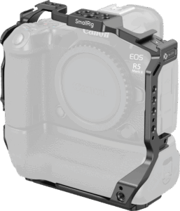 800q-01_135069 SmallRig 5623 Cage for Canon EOS R5 Mark II with Battery Grip -kehikko mustana on asennettu puoliksi läpinäkyvän Canon EOS R5 Mark II -kameran rungon ympärille, mikä korostaa häkin muotoilua ja tarkkaa istuvuutta.
