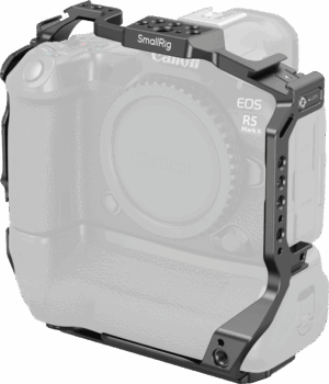 800q-01_135069 The SmallRig 5623 Cage for Canon EOS R5 Mark II with Battery Grip in black is mounted around the body of the semi-transparent Canon EOS R5 Mark II, emphasising the design and precise fit of the cage.