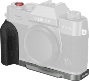 800q-01_135073 Fujifilm X-T30 camera with black textured grip and metal SmallRig 5665 L-shaped mounting plate (Fujifilm X-T30/II/III, grey), partially transparent in the picture to highlight the grip accessory.
