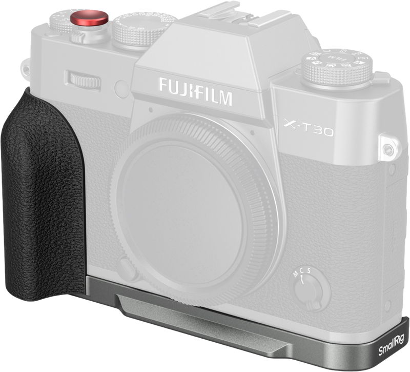 800q-01_135073 Fujifilm X-T30 -kamera, jossa on musta kuvioitu kahva ja metallinen SmallRig 5665 L-muotoinen kiinnityslevy (Fujifilm X-T30/II/III, harmaa), kuvassa osittain läpinäkyvä kahvan lisävarusteen korostamiseksi.