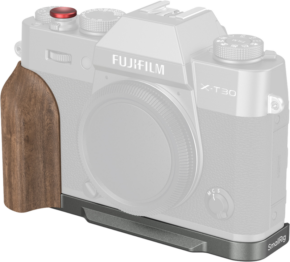 800q-01_135076 Fujifilm X-T30 camera with SmallRig 5668 L-shaped mounting plate and wooden grip attached to the bottom and left side, against a white background.