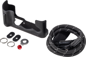 SmallRig 5669 Leather Half Case Kit for Fujifilm X-T30/II/III - Leather Half Case Black contains a black leather half case, a black and white winding strap, two metal rings, two oval connectors, a metal washer and a small red button placed on a white surface.