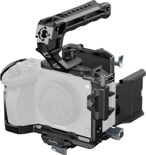The SmallRig 5823 Cage Kit for Sony FX3 / FX30 features a top handle grip, a secure fit for full-frame mirrorless cameras, multiple mounting points, SmallRig branding and a semi-transparent camera.
