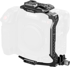 The SmallRig 5810 Cage for Canon EOS C80 is mounted on the Canon EOS C camera, providing additional mounting points and protection. The camera is faded to emphasise the design and structure of the cage.