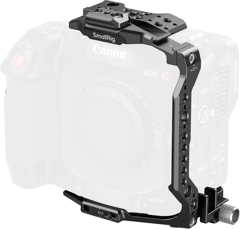 800q-01_135082 SmallRig 5810 Cage for Canon EOS C80 -kehikko on asennettu Canon EOS C -kameraan, mikä lisää kiinnityspisteitä ja suojaa. Kamera on häivytetty korostamaan häkin muotoilua ja rakennetta.