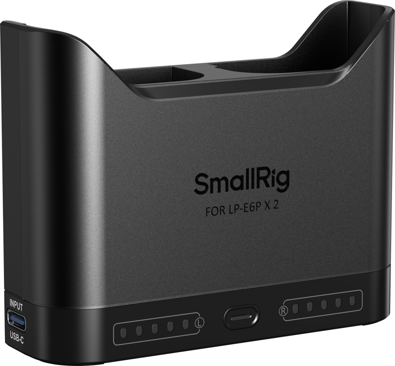 800q-01_135084 SmallRig 5490 Camera Battery Charger for LP-E6P -akkulaturi on musta, kompakti kaksoislaturi, jossa on kaksi akkupaikkaa, LED-merkkivalot ja vasemmanpuoleinen USB-C-tuloliitäntä.
