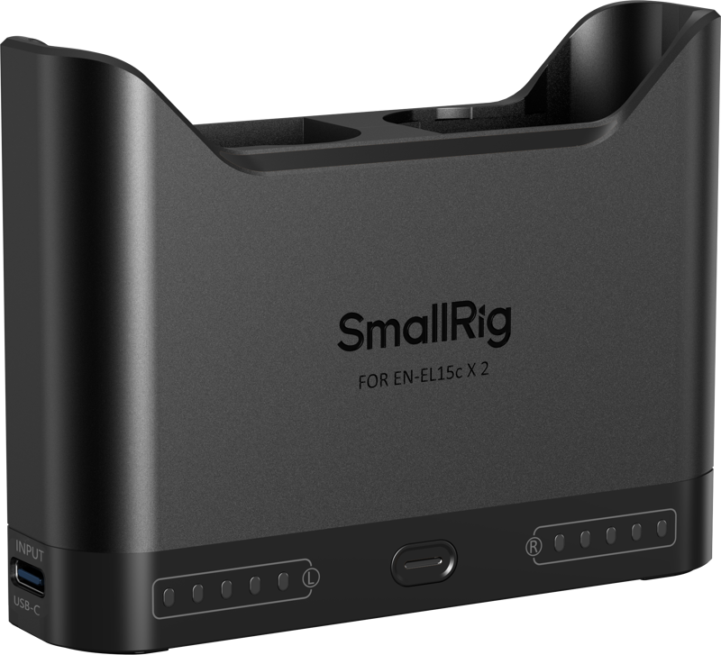 800q-01_135085 SmallRig 5491 Camera Battery Charger for EN-EL15c on musta laturi, jossa on merkityt kaksi akkuaukkoa, merkkivalot ja USB-C-liitäntä sivulla.