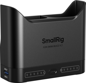 800q-01_135086 The SmallRig 5492 Camera Battery Charger for DMW-BLK22 is black with two charging slots, LED lights and a USB-C input.