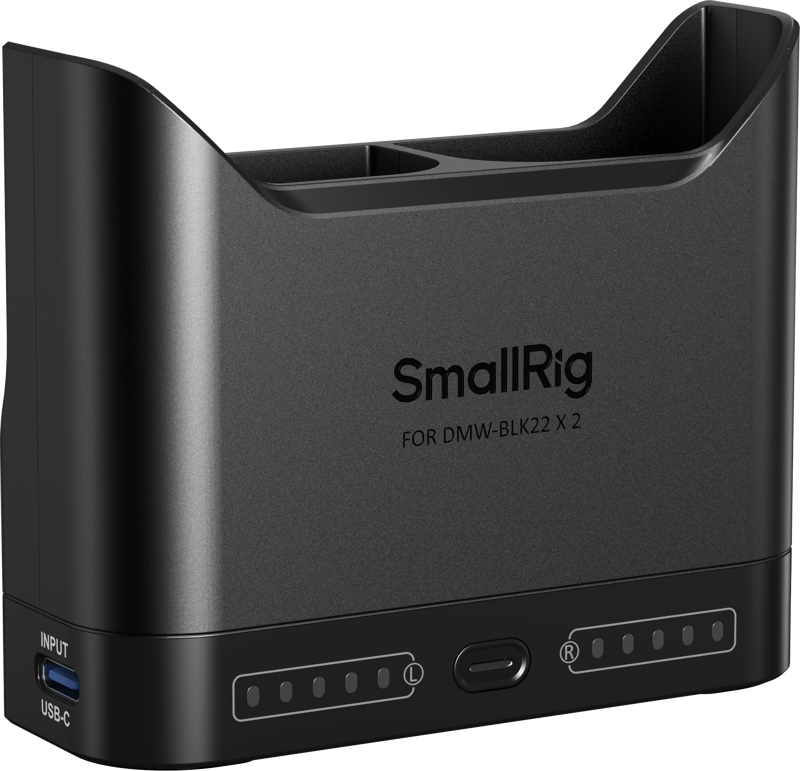 800q-01_135086 SmallRig 5492 Camera Battery Charger for DMW-BLK22 -akkulaturi on musta ja siinä on kaksi latauspaikkaa, LED-merkkivalot ja USB-C-tuloliitäntä.