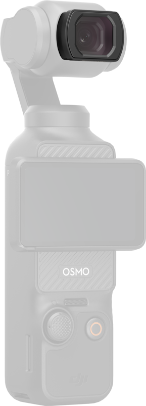 SmallRig 5650 Wide-Angle Lens for DJI Osmo Pocket 3 on tyylikäs ja moderni lisävaruste, joka kiinnittyy pienikokoiseen käsikameraan, jossa on gimbal-kiinnitteinen objektiivi, näyttö ja ohjauspainikkeet. "OSMO" näkyy etupuolella.