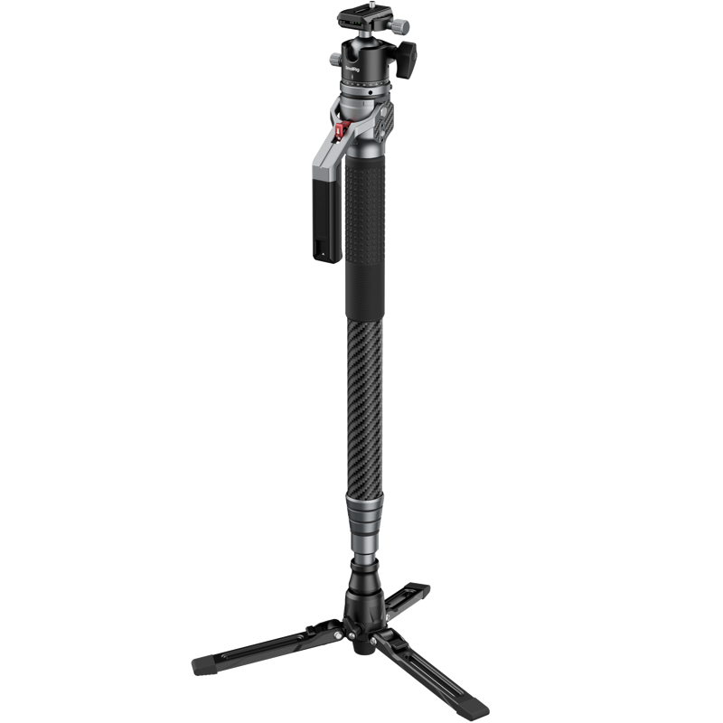 800q-01_135158 SmallRig 5564 Carbon Fiber Photography Monopod -hiilikuituyksijalka, mustaa ja hopeaa, sisältää kolmijalkajalustan, säädettävät osat ja pikakiinnikkeen, kuvassa pystyssä vaaleanharmaalla pohjalla.