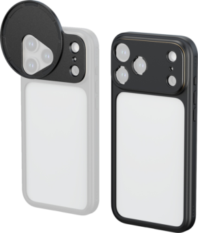 800q-01_135160 The picture shows two iPhone 17 Pro Max devices with SmallRig 5793 FilMov Photography Bumper Cases: one has a circular lens cover partially over the triple camera, while the other has the camera module uncovered by a black cover.
