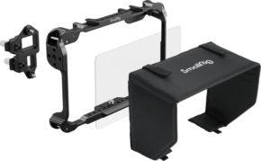 SmallRig 5708 Monitor Cage Kit for Atomos Ninja TX includes black metal frame, removable bracket, transparent panel and black padded sun hood with logo, shown on white background.