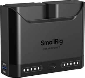 800q-01_135579 SmallRig 5483 Turbo Charging Kit NP-FZ100-kameran akuille on musta kaksoislaturi, jossa on USB-C-tulo, merkkivalot ja merkityt paikat kahdelle akulle.