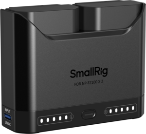 800q-01_135579 The SmallRig 5483 Turbo Charging Kit for NP-FZ100 camera batteries is a black dual charger with USB-C input, indicator lights and marked slots for two batteries.