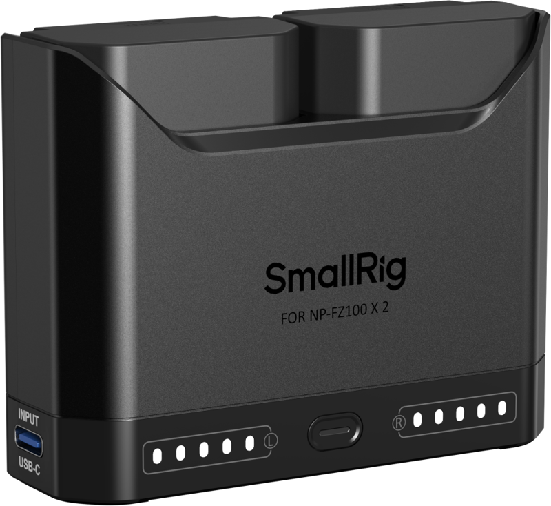 800q-01_135579 The SmallRig 5483 Turbo Charging Kit for NP-FZ100 camera batteries is a black dual charger with USB-C input, indicator lights and marked slots for two batteries.