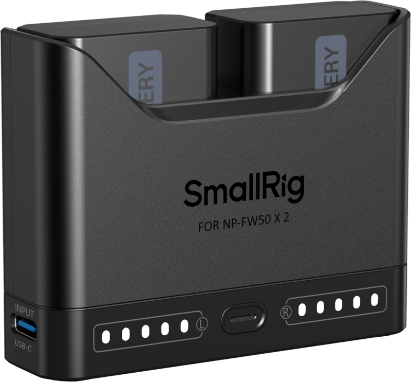 800q-01_135584 Smallrig 5488 Turbo Charging Kit NP-FW50-kameran akuille sisältää mustan kaksoislaturin, jossa on kaksi akkua, LED-merkkivalot, keskipainike ja sivussa oleva USB-C-tuloliitäntä.