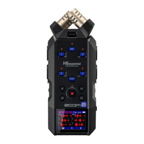 Mustassa Zoom H6essential -äänitallennin on useita painikkeita, valintakiekkoja ja LCD-näyttö, joka näyttää tallennustasot. Kaksi mikrofonia on asennettu päälle X/Y-kokoonpanossa.