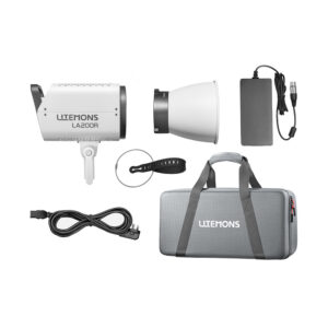 1724249921_567 Godox Litemons LA200R RGB LED Video Light Kit Valkoinen sisältää valoyksikön, heijastimen, virtalähteen, kaapelin, kiinnitysrenkaan, hihnan ja harmaan kantolaukun - kaikki siististi järjestettynä valkoisella pohjalla.