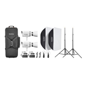 Godox Litemons LA300R RGB LED Video Light 2 Light Kit Valkoinen sisältää kaksi LED-valoa, suorakulmaiset softboxit, valotelineet, virtajohdot, kaukosäätimet, heijastinlautaset ja mustan kantolaukun, jotka on järjestetty valkoiselle taustalle.