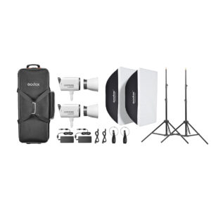1727434774_829 Godox Litemons LA200R RGB LED Video Light 2 Light Kit Valkoinen, jossa on kantolaukku, kaksi valkoista ja mustaa softboxia, valotelineet, virtasovittimet, kaapelit ja langattomat kaukosäätimet - kaikki valkoisella pohjalla.