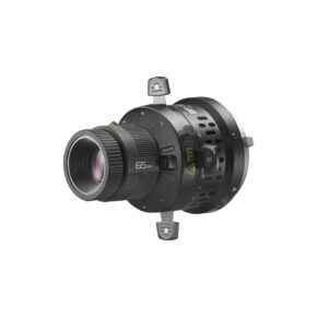 1736433963_050 Godox Litemons LED Projection Attachment 65mm:n mustassa rungossa on keltaiset merkinnät, kaksi sivukiinnikettä ja metallinen takakiinnike, kuvassa valkoista taustaa vasten.