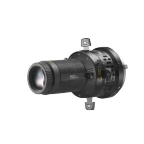 1736434157_198 Godox Litemons LED Projection Attachment 150mm, musta, jossa on kyljessä merkintä "150mm", on kuvassa kiinnitettynä pyöreään kiinnityssovittimeen, jossa on kolme säädettävää metallikiinnikettä, valkoista taustaa vasten kuvattuna.