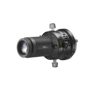 1736434157_198 Godox Litemons LED Projection Attachment 150mm, musta, jossa on kyljessä merkintä "150mm", on kuvassa kiinnitettynä pyöreään kiinnityssovittimeen, jossa on kolme säädettävää metallikiinnikettä, valkoista taustaa vasten kuvattuna.