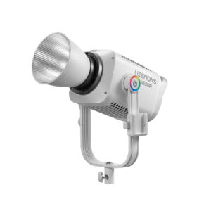 Godox Litemons LA600R RGB LED -videovalaisin Valkoinen, jossa on suuri heijastin ja säädettävä kiinnityskannatin, näkyy tavallisella valkoisella taustalla.