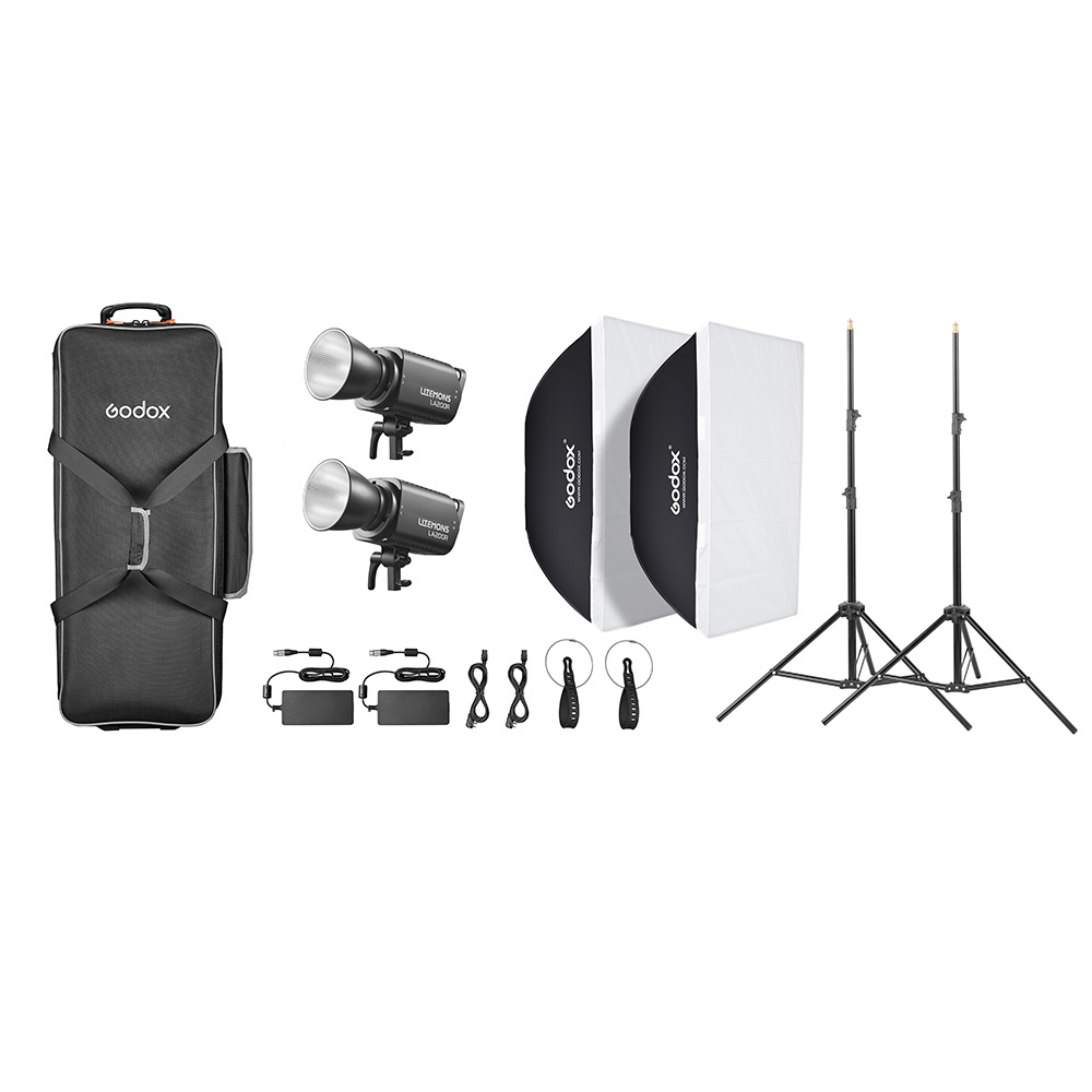 1750941862_521 Godox Litemons LA200R RGB LED Video Light 2 Light Kit Musta sisältää kaksi LED-valoa, virtalähteet, jalustat, suorakulmaiset softboxit, kaukolaukaisimet, synkronointikaapelit ja kantolaukun, jotka kaikki näkyvät valkoisella pohjalla.