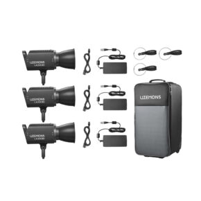 1751356007_817 Godox Litemons LA300Bi Bi-Color LED Video Light 3 Light Kit Black includes three black LA300Bi lights, power cords, adapters, reflectors and a large grey LITEMONS carrying case.
