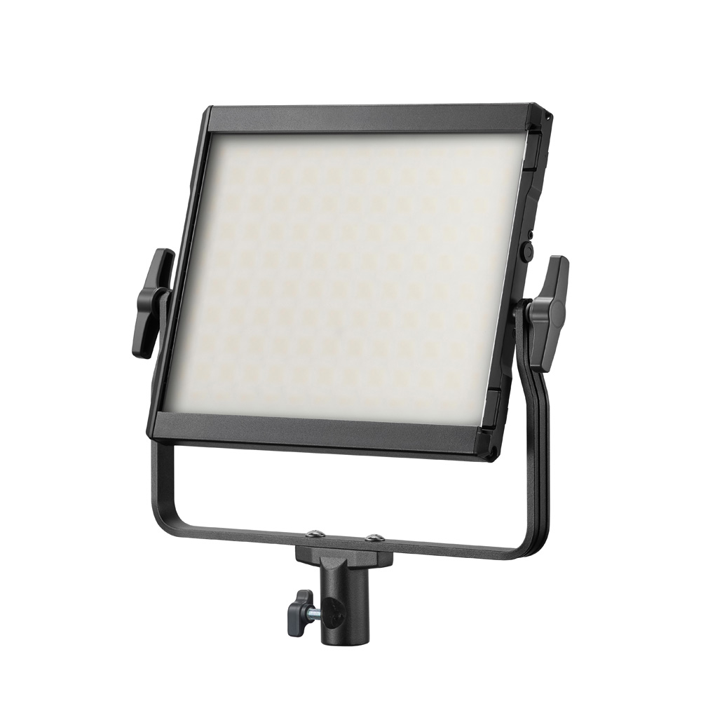 1753790300_626 Godox Litemons LP400R RGB LED-valopaneeli Musta, jossa on musta runko ja valaistu paneelin pinta, on asennettu säädettävään jalustaan, jossa on näkyvät sivunupit kulman säätöä varten, kuvassa valkoista taustaa vasten.
