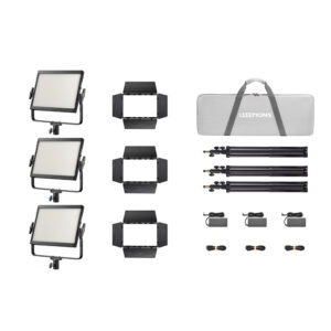 1753790529_342 Godox Litemons LP600R RGB LED Light Panel 3 Lights Black Kit includes three LED panels, barn doors, stands, power adapters, cables and a grey LITEHONS housing - all neatly arranged on a white background.