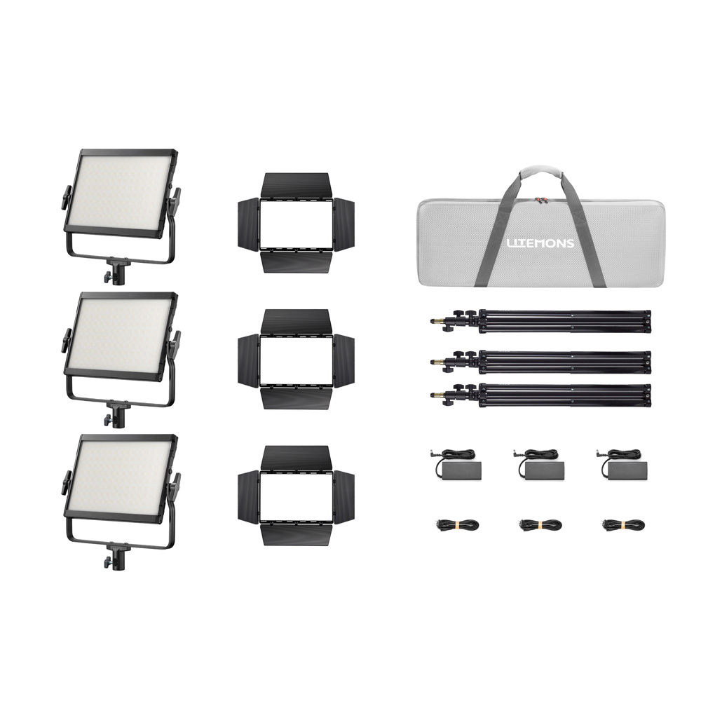 1753790529_342 Godox Litemons LP600R RGB LED Light Panel 3 Lights Black Kit includes three LED panels, barn doors, stands, power adapters, cables and a grey LITEHONS housing - all neatly arranged on a white background.