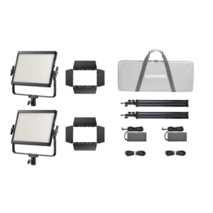 1756475577_741 Godox Litemons LP400Bi Bi-Color LED Light Panel 2 Light Kit Musta sisältää kaksi LED-paneelia, lato-ovet, jalustat, virtasovittimet kaapeleineen ja harmaan kantolaukun, jossa on merkintä LITEHONS, kaikki valkoisella pohjalla.